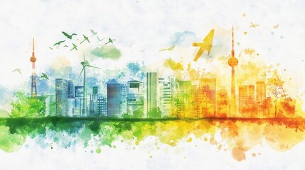 Obraz premium A colorful watercolor cityscape featuring skyscrapers, birds, and planes, blending urban life with nature's vibrancy.