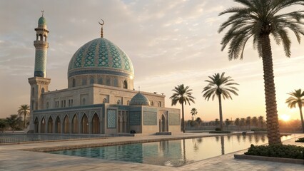 Naklejka premium Teal Islamic Dome Mosque Reflecting in Calm Pool of Water at Sunrise