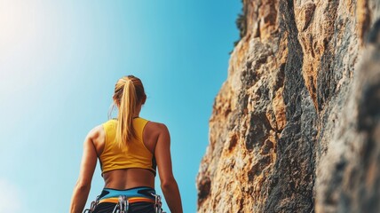 Empowering women through sports. Woman climbing a rock wall under a clear blue sky.
