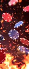 flying casino poker chips, on a fire background, generative ai