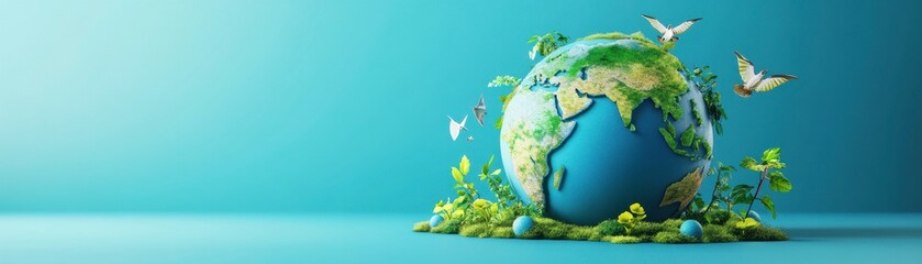 A vibrant globe surrounded by greenery and butterflies, symbolizing environmental harmony and biodiversity.