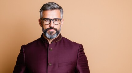 Obraz premium Confident mature man in formal wear, studio portrait, neutral background, corporate headshot