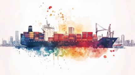 Obraz premium A vibrant watercolor illustration of a cargo ship surrounded by colorful splashes, representing shipping and maritime themes.