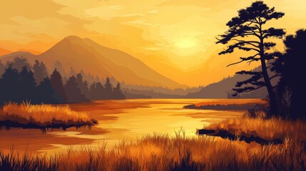 Golden Sunset Over Mountain Lake And Tall Pine Tree