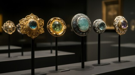 Gold and silver brooches with gemstone embellishments displayed in a luxury boutique.