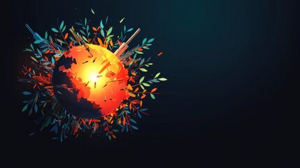 A radiant globe with weapons breaking apart into olive branches