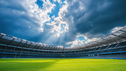 Empty football stadium under dramatic sky, showcasing solitude and anticipation in sports, symbolizing moments of pause before the roar of the crowd returns.