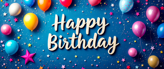 The image features a vibrant birthday celebration with colorful balloons, stars, and confetti against a blue background