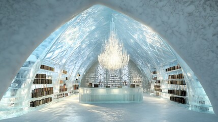 Fototapeta premium Ice Hotel Library: A Frozen Wonderland of Books and Crystal