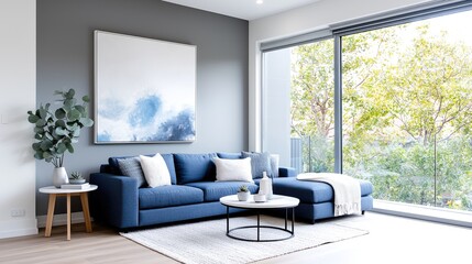 Fototapeta premium Modern blue sectional sofa in a bright living room with a large window showing green trees.
