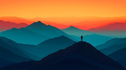 Silhouetted hiker standing alone on a rugged mountain peak gazing out at the endless breathtaking landscape of towering ridges and valleys bathed in the warm glow of the rising sun   an epic