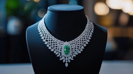 Luxury necklace with emerald and diamond accents showcased against a sleek black stand.