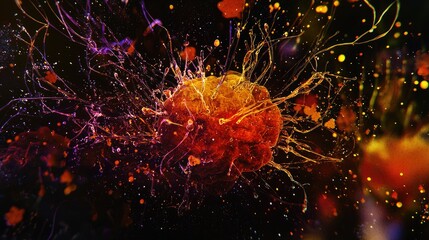 Capture the active role of microglia in the brain, represented abstractly with dynamic shapes and colors.