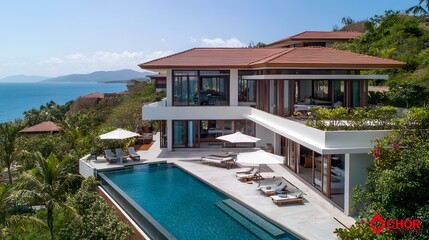 Fototapeta premium Stunning beachfront villa with expansive glass walls offering breathtaking panoramic views of the ocean Featuring a private infinity pool sprawling patio
