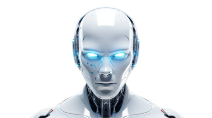 Close up of a futuristic robot head on a transparent background