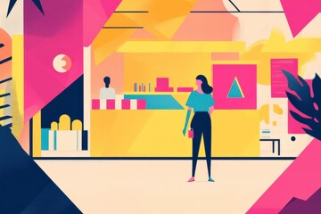 A vibrant, geometric illustration featuring a woman standing in a colorful shop with abstract shapes and a bright, engaging background.