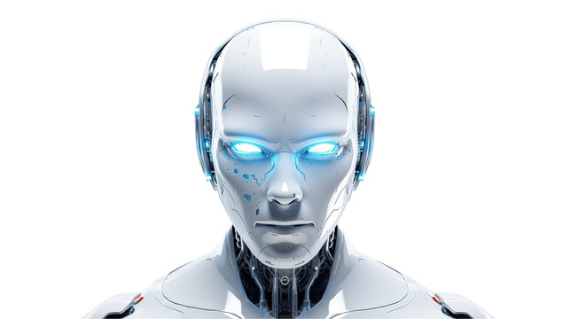 Close up of a futuristic robot head on a transparent background