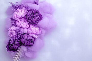 Obraz premium A bouquet of purple flowers is displayed on a white background. The flowers are arranged in a way that creates a sense of movement and flow, with the stems extending outwards in various directions