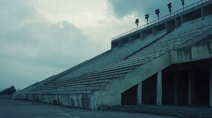 Empty football stadium under dramatic sky, showcasing solitude and anticipation in sports, symbolizing moments of pause before the roar of the crowd returns.