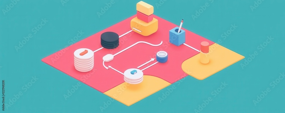 Poster a colorful, abstract arrangement of geometric shapes and objects on a flat surface, creating a playf
