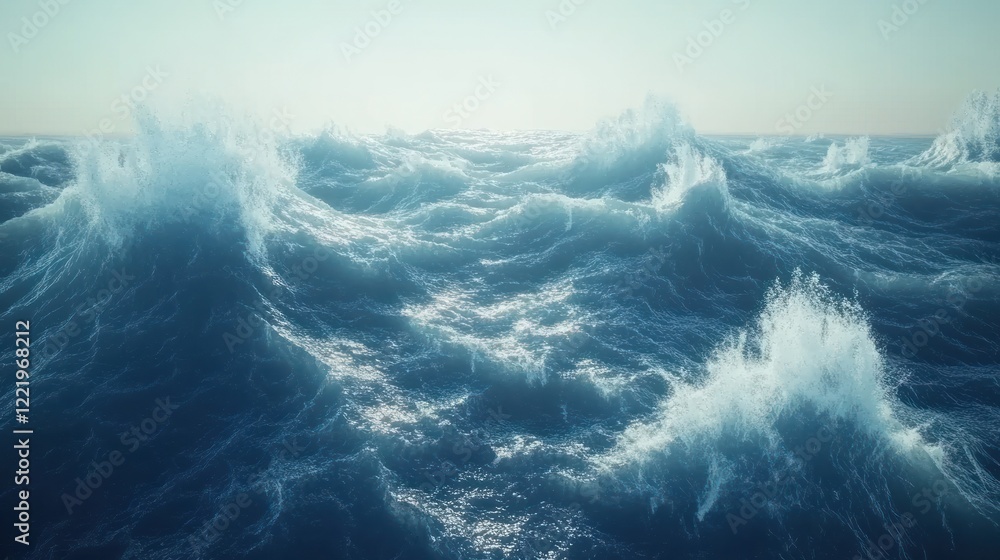 Poster powerful ocean waves crash and rise with the sun shining on the horizon, creating a dynamic scene of