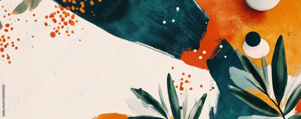 Poster a vibrant abstract design featuring colorful shapes and botanical elements, creating a lively and ar