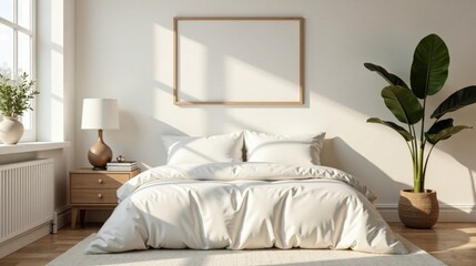 Serene bedroom interior design showcasing minimalist aesthetic with natural light illuminating crisp bedding, a wooden bedside table, and a large potted plant