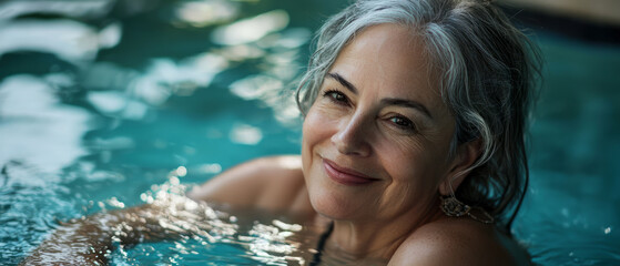 Happy senior woman relaxing in a spa pool, generative AI