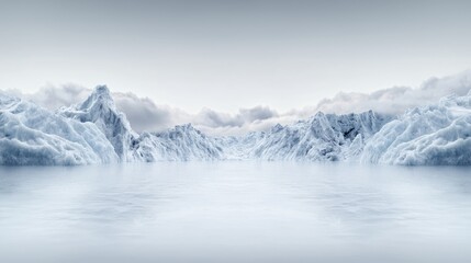 Naklejka premium Glacial landscape, serene arctic mountains reflecting in calm water, background clouds, ideal for travel or environmental themes