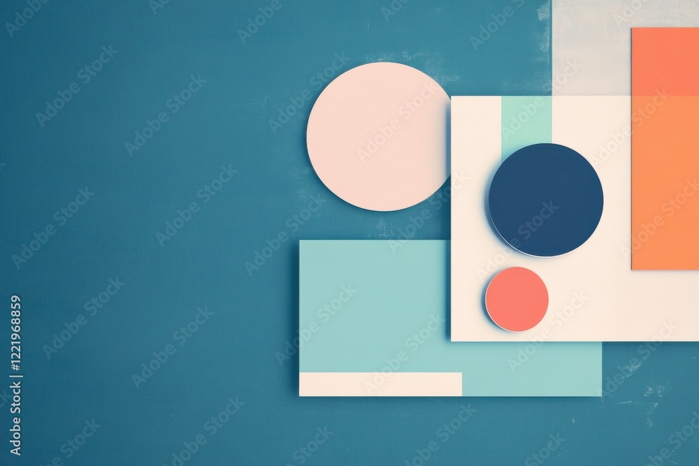 Poster a colorful abstract composition featuring geometric shapes like circles and rectangles on a teal bac