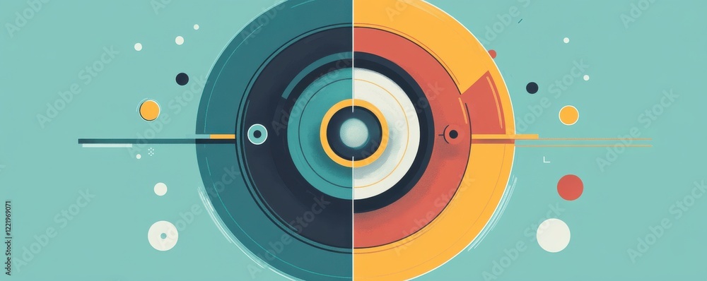 Poster a colorful abstract design featuring circular patterns in contrasting halves, set against a soft tur