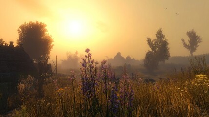 Misty sunrise over a rural village with wildflowers.