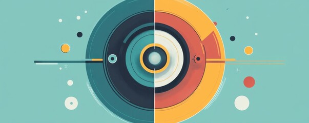 A colorful abstract design featuring circular patterns in contrasting halves, set against a soft turquoise background.