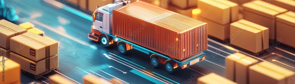 Poster a detailed view of a truck transporting a shipping container through a busy logistics hub surrounded