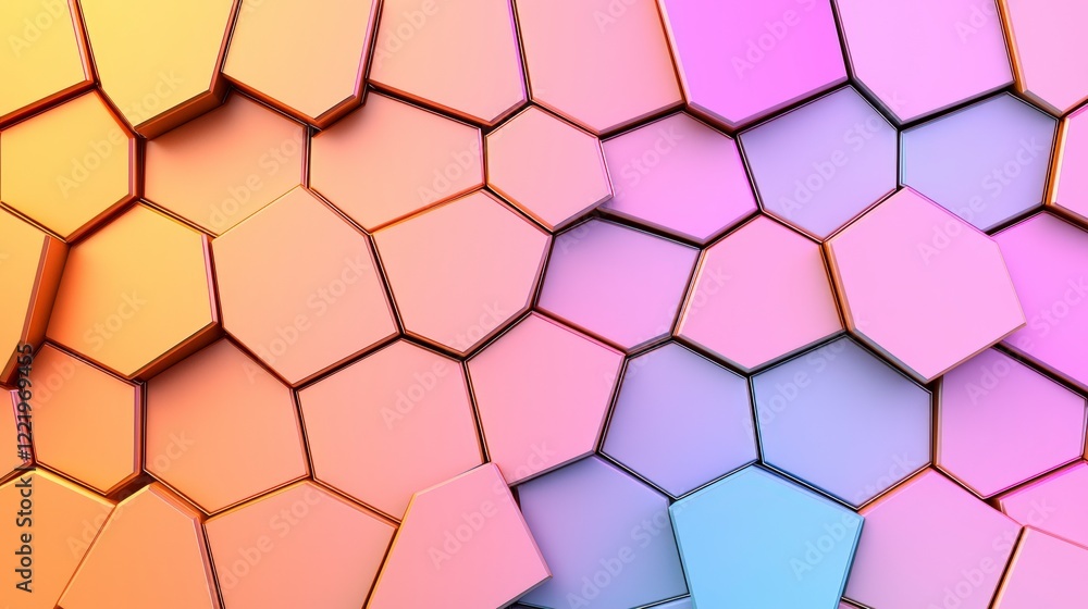 Poster abstract geometrical background with colorful hexagons in gradient shades blending seamlessly in a m