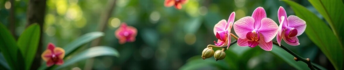 Phalaenopsis orchid in a tropical garden with other plants and flowers, botanical, nature, garden