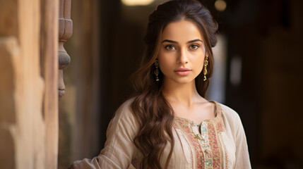 Fototapeta premium A graceful Indian girl in a beige kurta with pastel embroidery, radiating elegance and beauty.