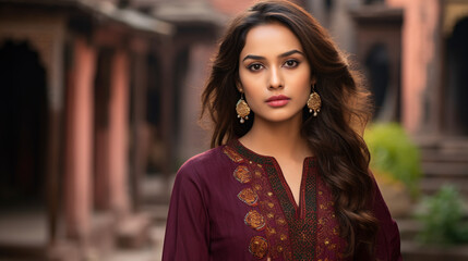Fototapeta premium A graceful Indian girl in a deep burgundy kurta, exuding beauty and royal elegance.