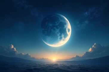 Majestic scene of a glowing moon descending over mountain landscapes, illuminating a serene sunrise horizon, inspiring awe and tranquility in nature's vast beauty.