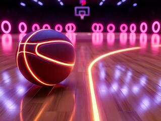 Basketball rolling across a hardwood court with glowing neon outlines and reflections
