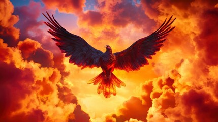 Obraz premium Majestic Bird Soaring Through Colorful Clouds at Sunset