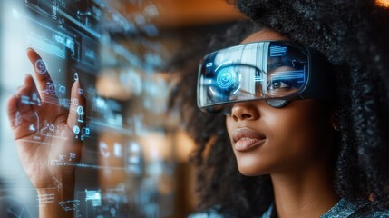 A professional interacting with a digital assistant hologram in a bright, open office space with natural light