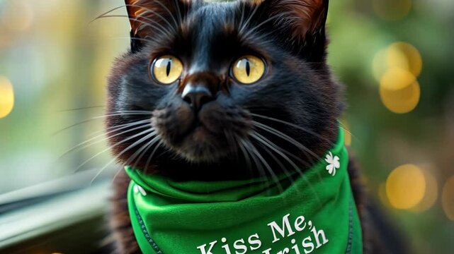 Curious black cat with green bandana observing festive lights in st. patrick's day celebration