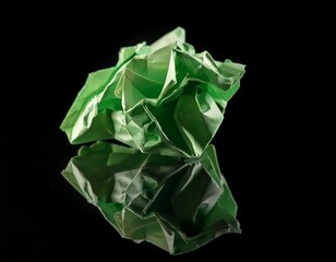 Fototapeta premium A crumpled piece of green paper on a reflective black surface