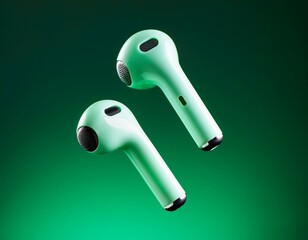 A pair of wireless earbuds floating against a green gradient background.