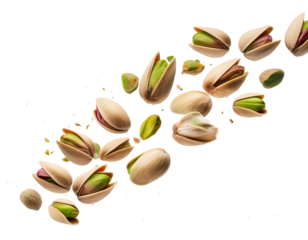Flying pistachio nuts with cracked shells and whole nuts. white background