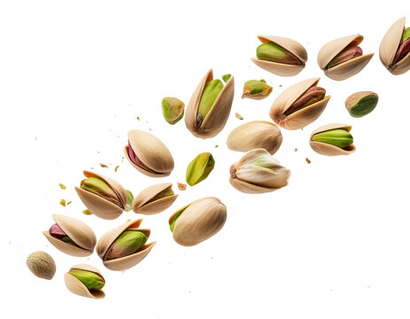 Flying pistachio nuts with cracked shells and whole nuts. white background