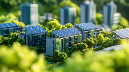 A green and sustainable urban center, featuring solar panels on buildings to provide renewable energy and reduce environmental impact.