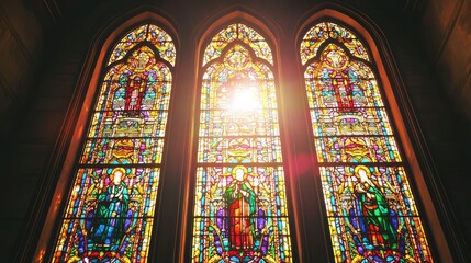 Illustrate the intricate patterns of a stained glass window from a church, showcasing vibrant colors and religious symbols.