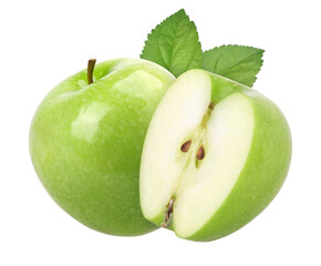 green apple (granny smith apple) with leaves and half isolated, transparent PNG, PNG format, cut out